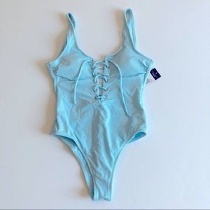 California Waves One Piece Swimsuit Womens Small Aqua Blue Ribbed Lace-Up Ladies